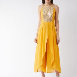 Miss Chase Mustard & Gold-Toned Halter Neck Embellished Layered Jumpsuit-picture-0