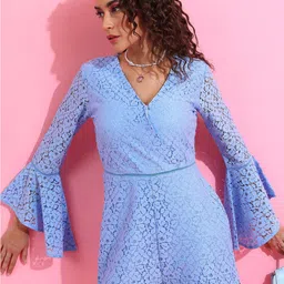 Tokyo Talkies Blue Self Design V-Neck Playsuit-picture-32