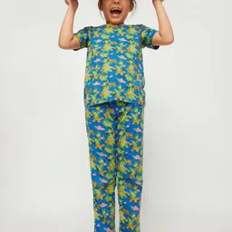 frangipani Girls Blue & Green Printed Night suit-image-36