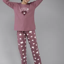 Zeyo Women Mauve & White Printed Cotton Night suit-picture-18