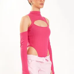 Bonkers Corner Ribbed High Neck Cold-Shoulder Two Way Bodysuit image 4