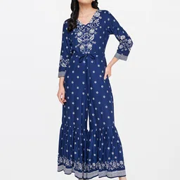 Global Desi Blue & White Printed Basic Jumpsuit image 3