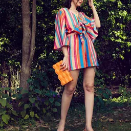 SASSAFRAS Blue & Pink Striped Front Tie Knot Playsuit image 2