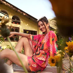 SASSAFRAS Orange & Green Floral Printed Front Tie Knot Playsuit image 5