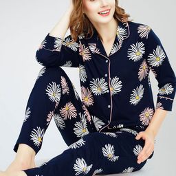 Zeyo Floral Printed Lapel Collar Pure Cotton Night suit-picture-43