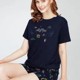 Zeyo Round Neck Short Sleeves Printed Pure Cotton Night suit-image-82