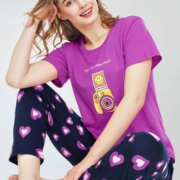 Zeyo Round Neck Short Sleeves Printed Pure Cotton Night suit-picture-45