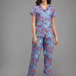 SEPHANI Women Blue & Pink Printed Night suit-image-56