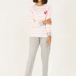 evolove Women Grey Melange & Pink Printed Night suit-image-15