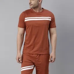 Bushirt Men Brown & White Striped Pure Cotton Night suit image 1