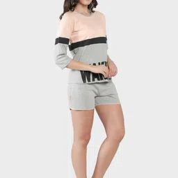 SEPHANI Women Peach-Coloured & Grey Colourblocked Night suit image 2