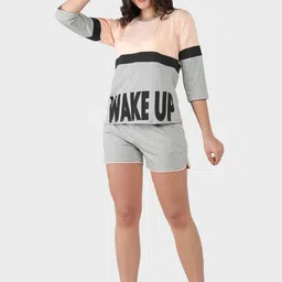 SEPHANI Women Peach-Coloured & Grey Colourblocked Night suit image 5