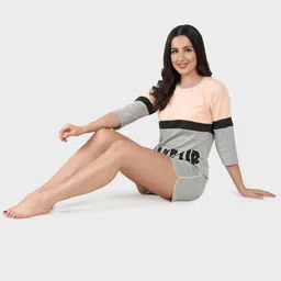 SEPHANI Women Peach-Coloured & Grey Colourblocked Night suit image 3