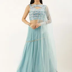 Ethnovog Green  Pink Embellished Sequinned Made to Measure Lehenga  Blouse With Dupatta image 1