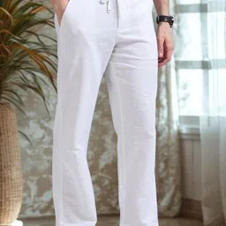 indiclub Men Relaxed White Linen Blend Trousers-picture-14