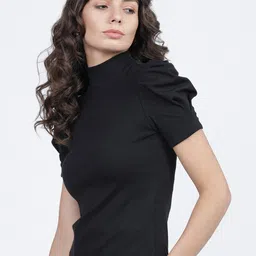 tokyo talkies Casual Regular Sleeves Solid Women Black Top image 3
