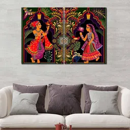 vibecrafts Madhubani Red Canvas Framed People & Places Art Panel Set of 2 image 2