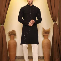 house of pataudi Men Chikan Embroidery Viscose Rayon Straight Kurta image 4