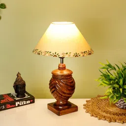 disoo fashions Beige Handpainted Shade With Brown Rings Design Wooden Handmade Table Lamp image 1