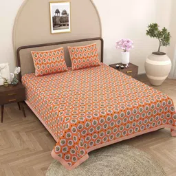 j.k.enterprises Orange Traditional 240 TC Pure Cotton King Sized Double Bedsheet with 2 Pillow Covers image 1