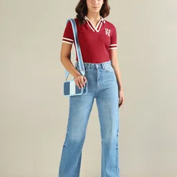 u.s. polo assn. Women Solid Polo Neck Cotton Blend Red T-Shirt image 3