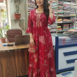 geet fashion Printed Cotton Rayon Stitched Anarkali Gown image 3