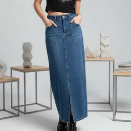 high-buy Women Solid Straight Blue Skirt image 5