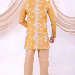 Pooja Ethnic Pooja Ethnic Men's Yellow Silk Sherwani with Pant PE9005 Embellished Sherwani image 3