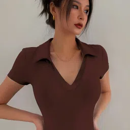 nazzara Women Solid Polo Neck Cotton Blend Brown T-Shirt-picture-13