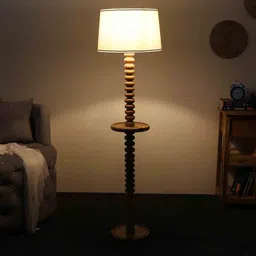 White Iron & Cloth Shade Club Floor Lamp With Wood Base by Sapphire image 3