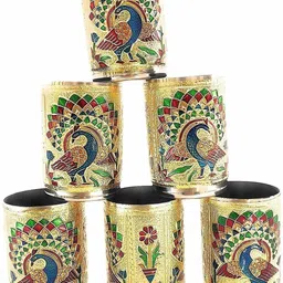 vedvit Stainless Steel Meenakari Flower Drinking Glass with Serving Tray Juice Glass Tray, Glass Serving Set image 5