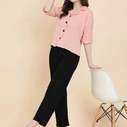 ekasya Women Regular Fit Solid Lapel Collar Casual Shirt image 3