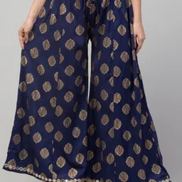 fambee Women Flared Dark Blue Viscose Rayon Trousers image 1