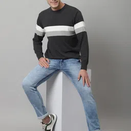 cantabil Men Striped Round Neck Grey Sweater image 5