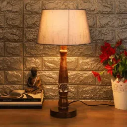 Grey Fabric Shade Table Lamp with White and Brown Base by Foziq-picture-24