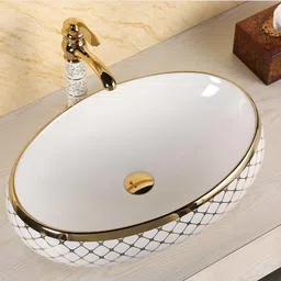 lactose Luxury European Style Table Top Ceramic Glossy Oval Shape Wash Basin Suitable For Living Room, Toilet, Bathrooms, Dinning Area (Size - 60W*15H*40D*) Table Top Basin image 2