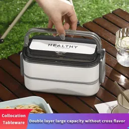 yelona 2 Airtight Layer|3 Compartments Bento Lunch Box With Plastic Spoon & Chopsticks 3 Containers Lunch Box image 3
