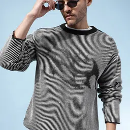 glitchez Men Self Design Round Neck Black Sweater-picture-13