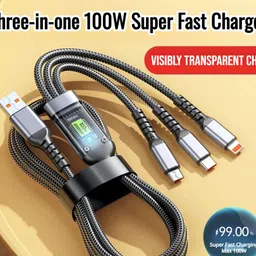 Huntindia 100w Type C Charger Cable LED Display Braided Cable 3-in-1 Data Charging Cable Charging Pad image 2