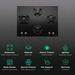 Elica CLASSIC MFC 4B 70 SWIRL N Glass Top 4 Burner Automatic Electric Hob (Multi Flame Control, Black) image 3