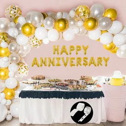 party midlinkerz Solid Happy Anniversary Balloons Decoration Kit 39 Pcs, 1 set of Golden 13Pcs "Happy Anniversary" alphabet foil balloons an 30pcs HD Metallic balloons(10 Gold, 10 Black & 10 Silver) and 5Pcs Confetti Balloon with 1Pc Glue Dot & 1Pc Arch Strip and 1Pc Ribbon for Husband Kids Girl Boys Balloons Decorations Items Combo with Helium Letters Foil Balloon Banner, Latex Metallic Balloons Balloon (Multicolor, Pack of 39) image 1