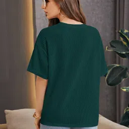 rifa fit Women Self Design Round Neck Linen Blend Green T-Shirt image 2