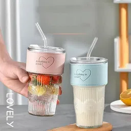 keshavam Glass Tumbler with Lid and Straw Reusable Iced Coffee Cup, Jar Drinking Glass Glass Tumbler image 3