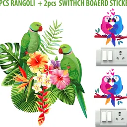 rsb hub 38 cm Vastu Green Parrot & 2pcs switch board stickers Wall, Beautiful Flower & Parrot Self Adhesive Sticker image 3