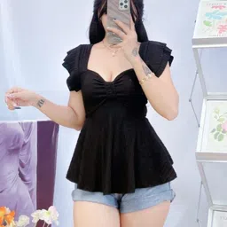 tokyo talkies Casual Regular Sleeves Self Design Women Black Top image 1