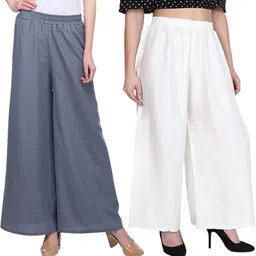 fambee Pack of 2 Women Relaxed Grey, White Viscose Rayon Trousers-picture-19