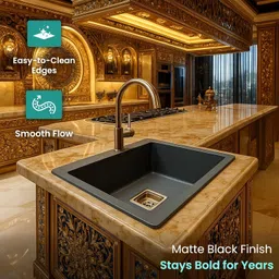 kriss kross Quartz Kitchen Sink 24 x 18, Single Bowl Basin with Drainer & Steel Strainer Table Top Basin image 3