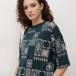 roadster Women Printed Round Neck Cotton Blend Green T-Shirt-picture-32