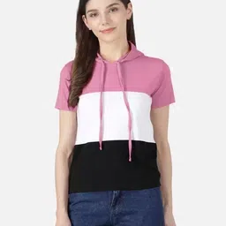 selvike Women Colorblock Hooded Neck Cotton Blend Pink, White, Black T-Shirt-picture-26
