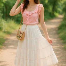 nrtfashion Women Self Design, Printed Gathered White Skirt image 4